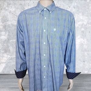 Ariat Shirt Mens Large Blue Check Plaid Wrinkle Free Flip Cuff Western Cowboy